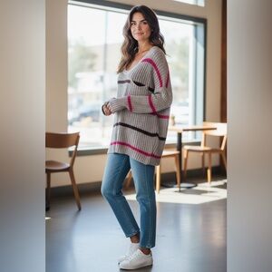 Free People Gray Sweater with Pink and Brown Stripes